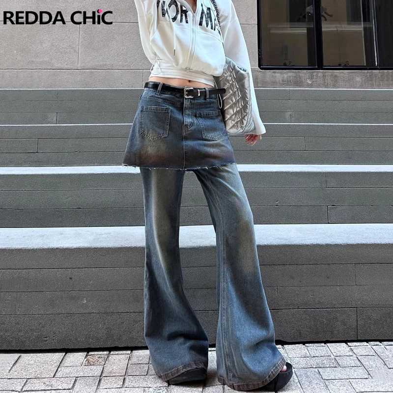 ReddaChic Skirt Layered Women Flare Jeans High Rise Distressed Raw Hem Wide Leg Casual Bootcut Pants Bell Bottoms Retro Clothes