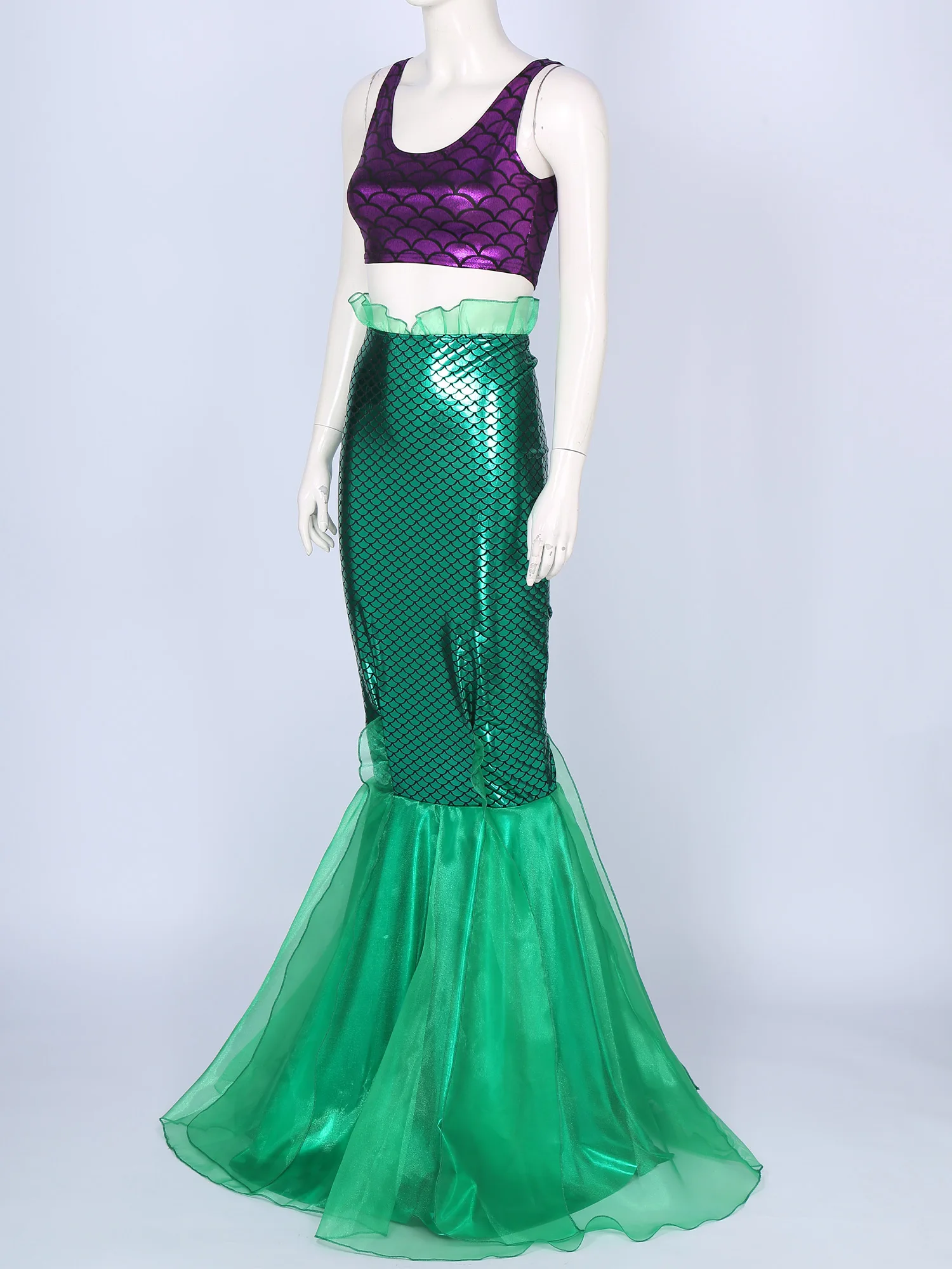 Womens Mermaid Costume Mermaid Princess Cosplay 2 Piece Outfit Fish Scale Print Metallic Crop Tank Top with Tulle Fishtail Skirt