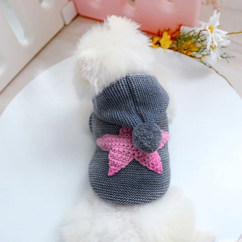 1PC Pet Clothing Dog Autumn and Winter Thickened Warm Gray Starfish Embroidered Elastic Knitted Sweater For Small Medium Dogs