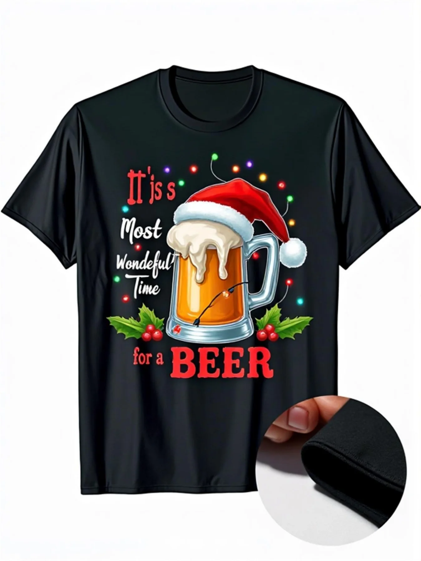 Unisex Holiday Tshirt Beer Mug Santa Hat Holly Leaf And Xmas Lights Funny Beer Quote Round Neck Casual Tee