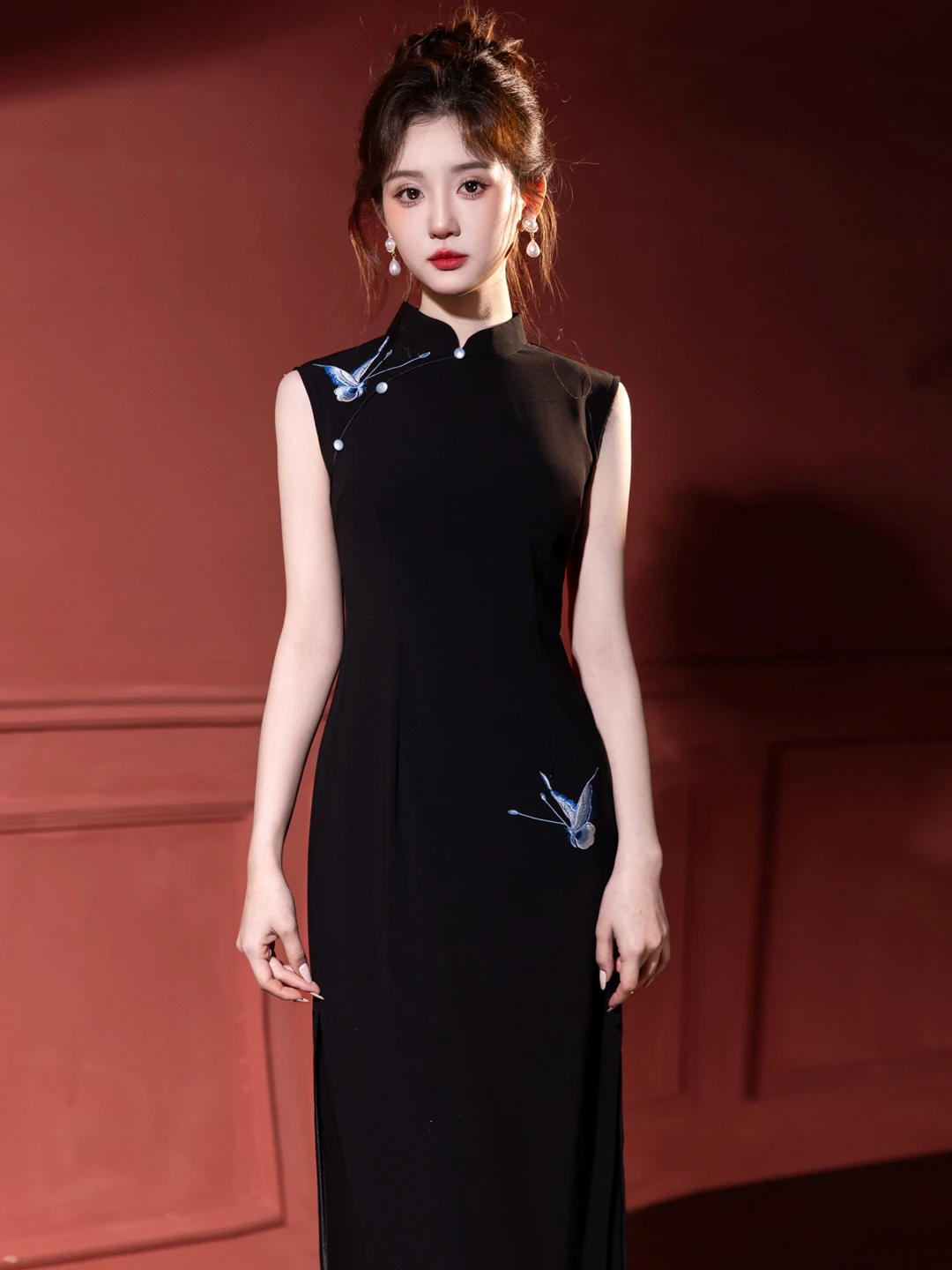 

Элегантное черное платье с вышивкой, женское, с завышенной талией, облегающее, в гонконгском стиле, длинное, дышащее