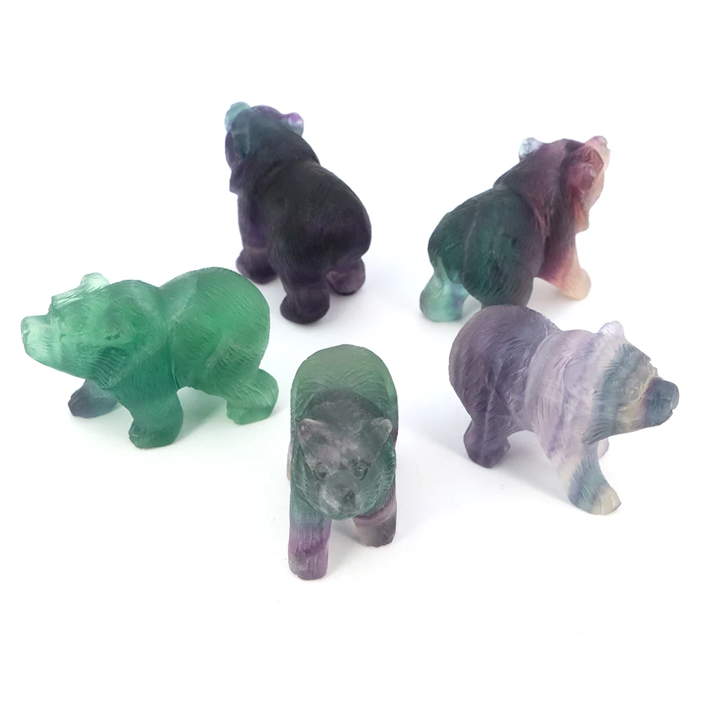 Natural Crystal Bear Figurine Reiki Healing Crystal Rainbow Fluorite Animals Statue Crafts Home Decoration Christmas Present