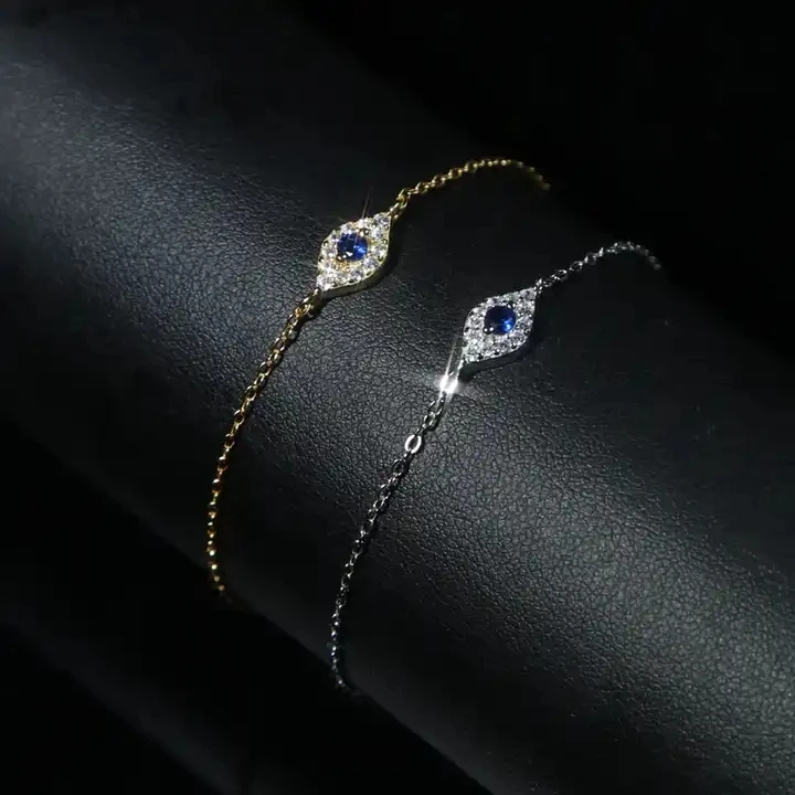 100% 925 Sterling Silver Sparking Blue White Cz Lucky Turkish Evil Eye Cubic Zirconia Charm Chain Bracelets For Women Jewelry