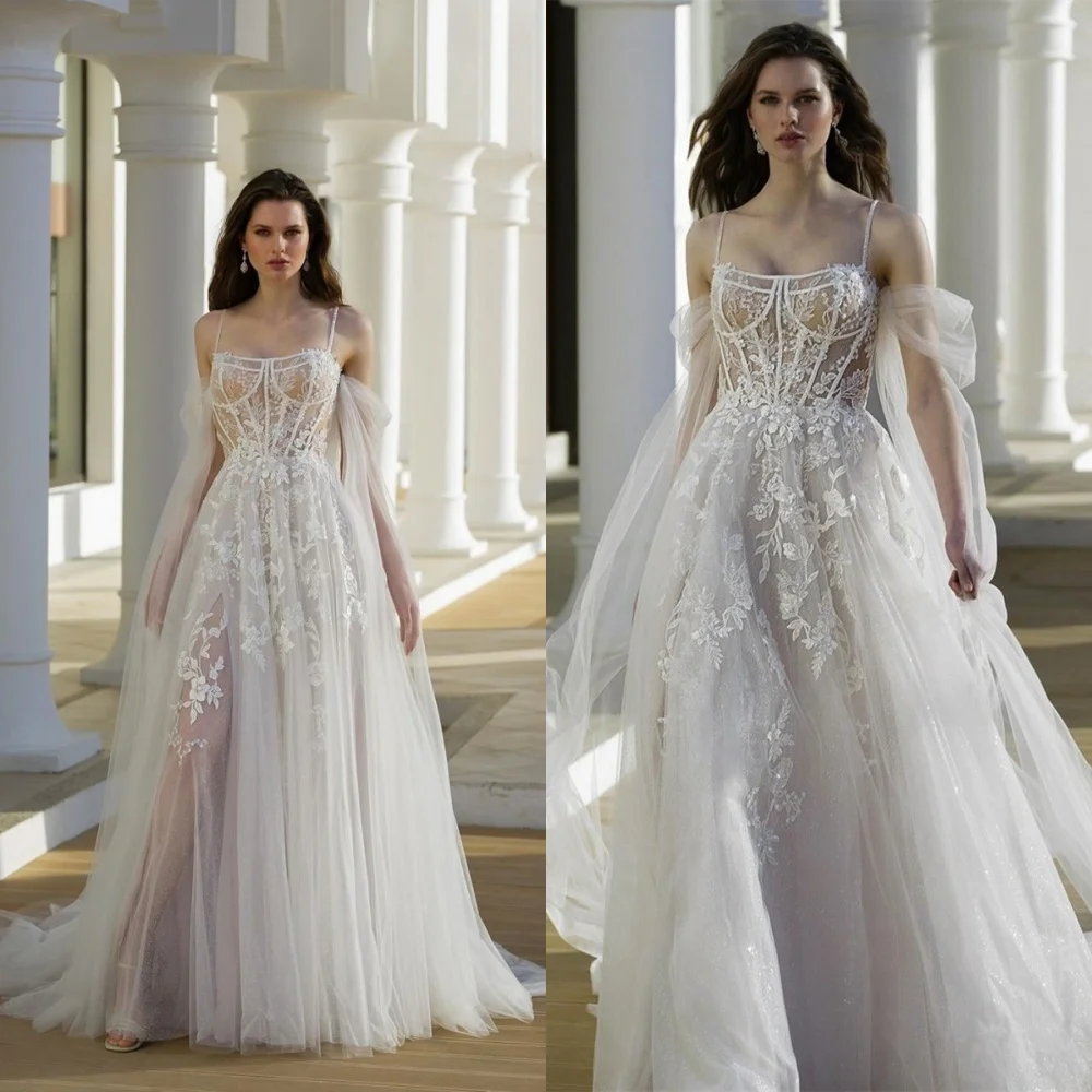 تخصيص جودة عالية الأبيض الأورجانزا فستان الزفاف الأنيق حمالة السباغيتي الأشرطة الشريط فستان ذيل شابيل أثواب الزفاف