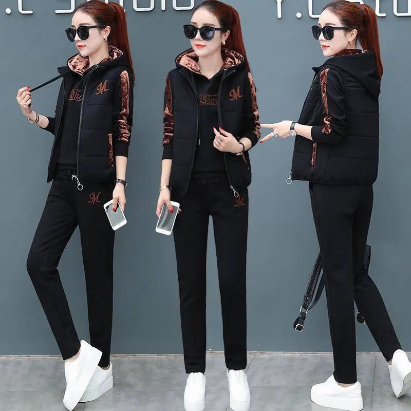 Women's 3 Piece Set Tracksuit Autumn Winter Sport Suit Hoodies+Vest+Pants Casual Suit Velvet Warm Sporting Women Set Outwear