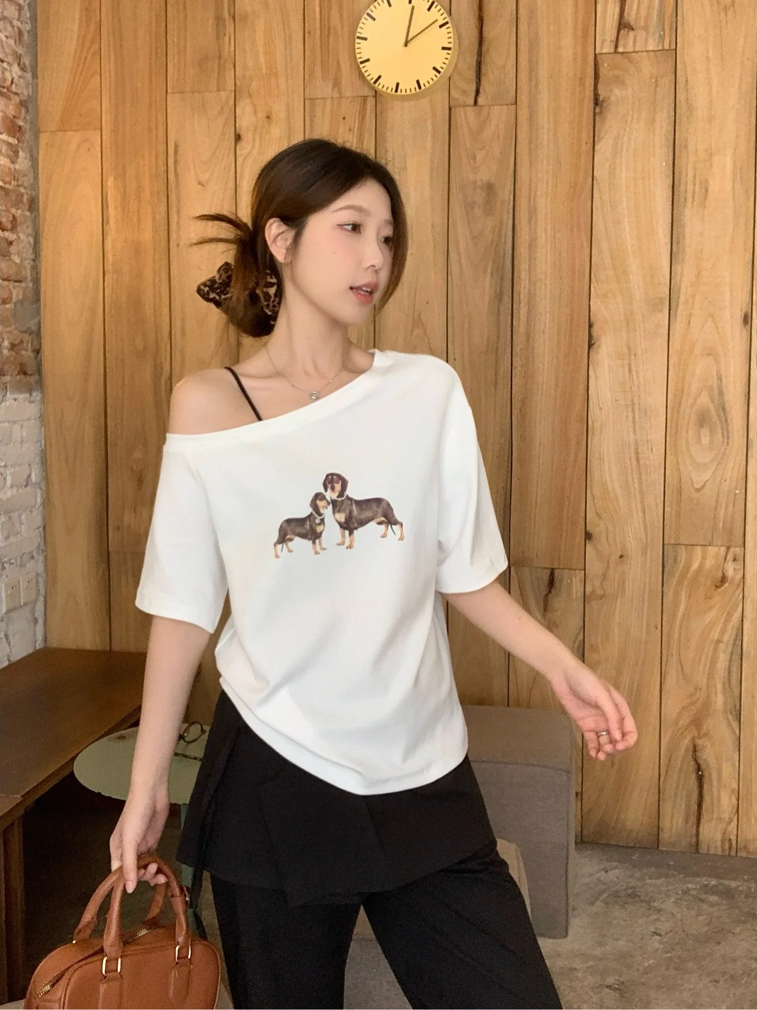 

plus Size Casual Korean Style Sausage Dog Short Sleeve T-Shirt Shoulder Bared Slimming Versatile Design Summer New Arrival