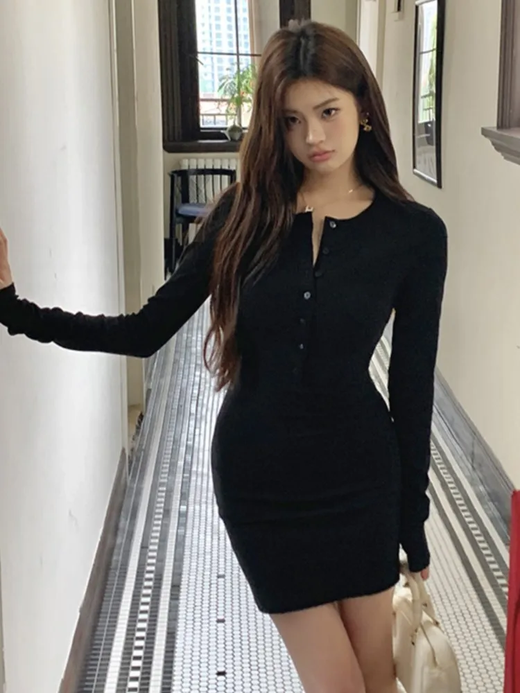 Herbst Bodycon solide kurze Kleider für Frauen Langarm schlanke einreihige koreanische Mode lässig Mini Vestidos Mujer 2024 neu