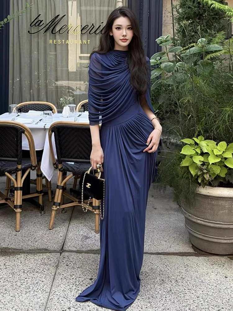 Kliou Mesh Patchwork Long Dress Woman Autumn Trend o-Neck Irregular Sleeve Shape Waist High Street Ruched Elegant Style Vestidos