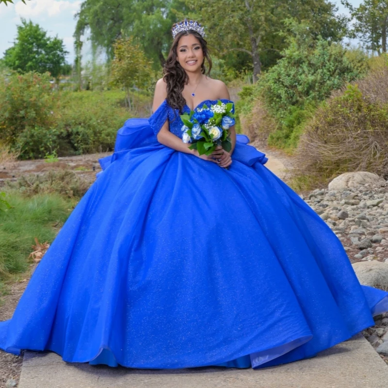 

Royal Blue Shiny Quinceanera Dresses Off The Shoulder Crystal Beading Bow Tull Corset Party Birthday Sweet 16 Dress Vestidos 15
