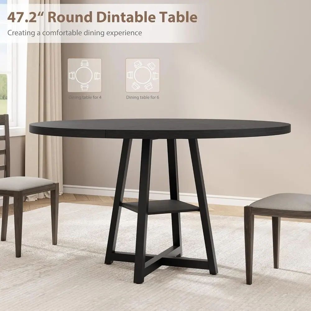 Round Dining Table 47 Inch Wooden Top Metal Base Kitchen Table for 4 with Storage for Dining Room Living Room