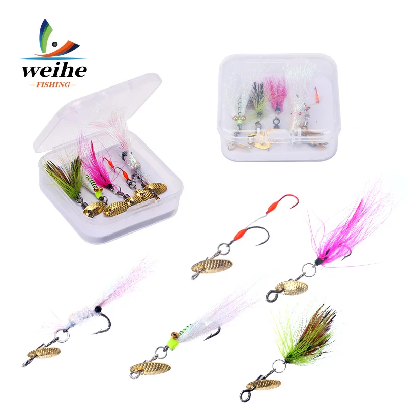 WEIHE 5 peças kit de isca de pesca com mosca gancho de pesca combo ganchos de mosca realistas com pena e colher de metal pesca