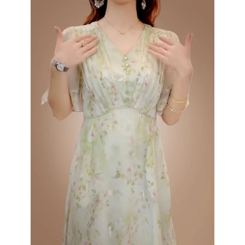 

2025Spring New Elegant Charm Chiffon Floral Dress Women's Temperament Waist-Cinching Age-Reducing