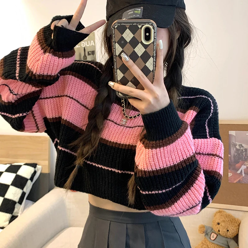 Women Striped Jumper Vintage Female Autumn Long Sleeve Casual Cropped Sweater