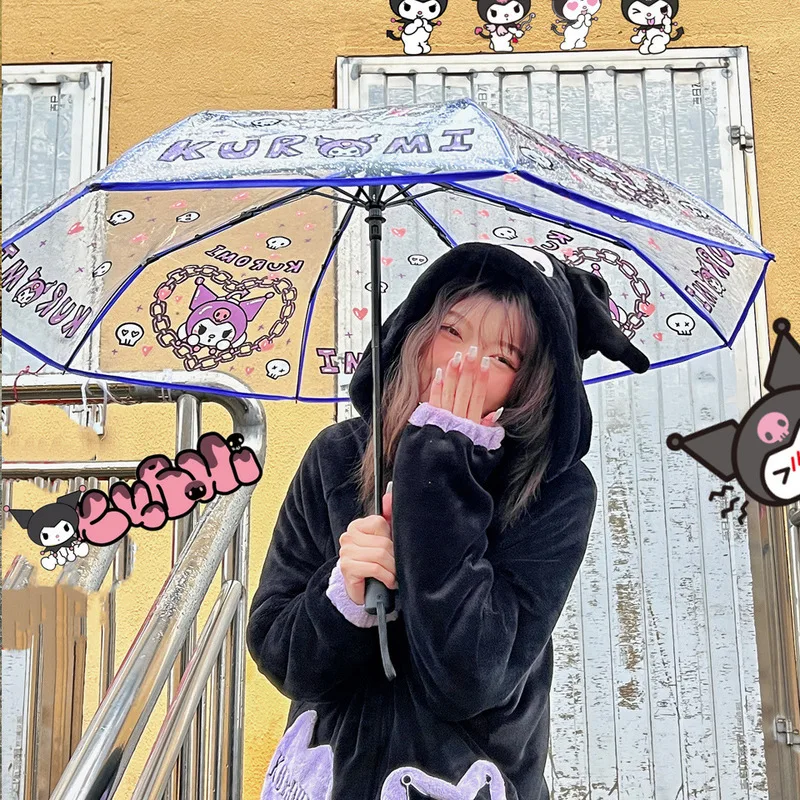 Kawaii Cartoon Hello Kittys Transparent Umbrella Sanrios Cinnamoroll Automatic Fold Students Long Handle Ins Girl Lovable Gift