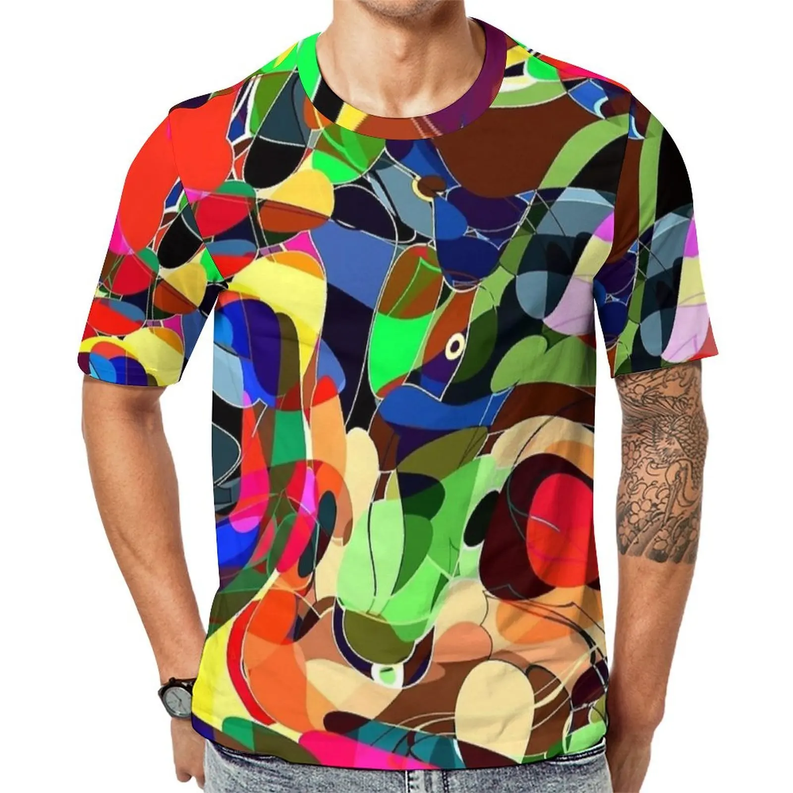 Plus Size T-Shirt Summer Bold Color Abstract Print T-Shirts  Y2K Casual O Neck Tshirt Men Fashion Pattern Top Tees