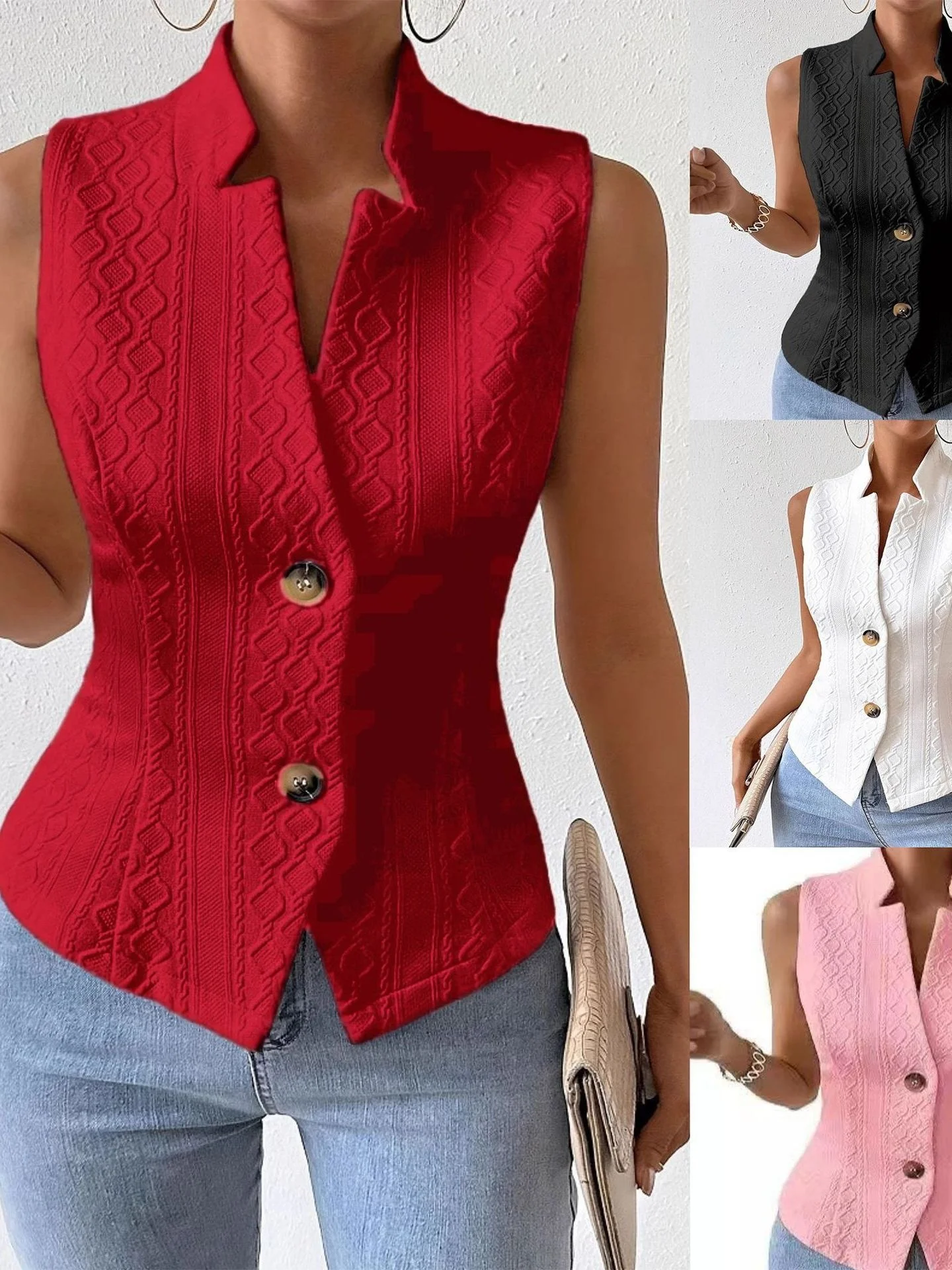 Canotta slim fit ricamata con bottoni a V da donna Top Versatile Street Sle Faion Abbigliamento casual estivo Lunghezza regolare