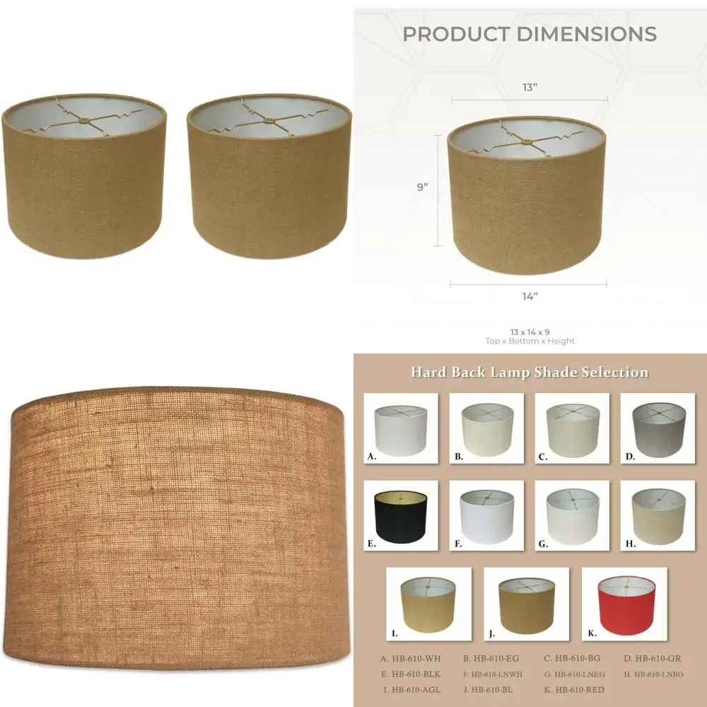 Shallow Drum Burlap Lamp Shade Set of 2, 13 x 14 x 9, Hardback Design with 14-Inch Top and 9-Inch Bottom Diameter