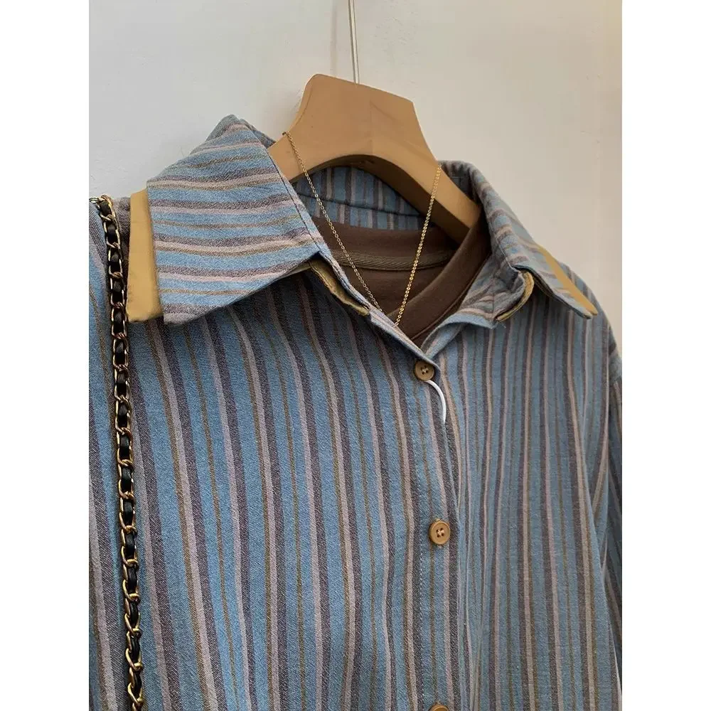 

Shirt Women Loose Elegant Blouse Coat French Blue Stripe Double Collar Long Sleeve