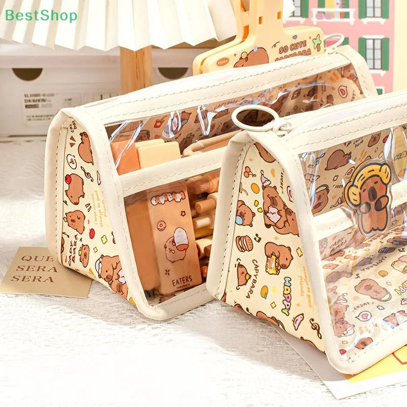 Tas Pena Kapibara Kapasitas Besar PVC Alas Segitiga Tahan Air Transparan Organizer Alat Tulis Hadiah Untuk Pelajar Kantor Rumah