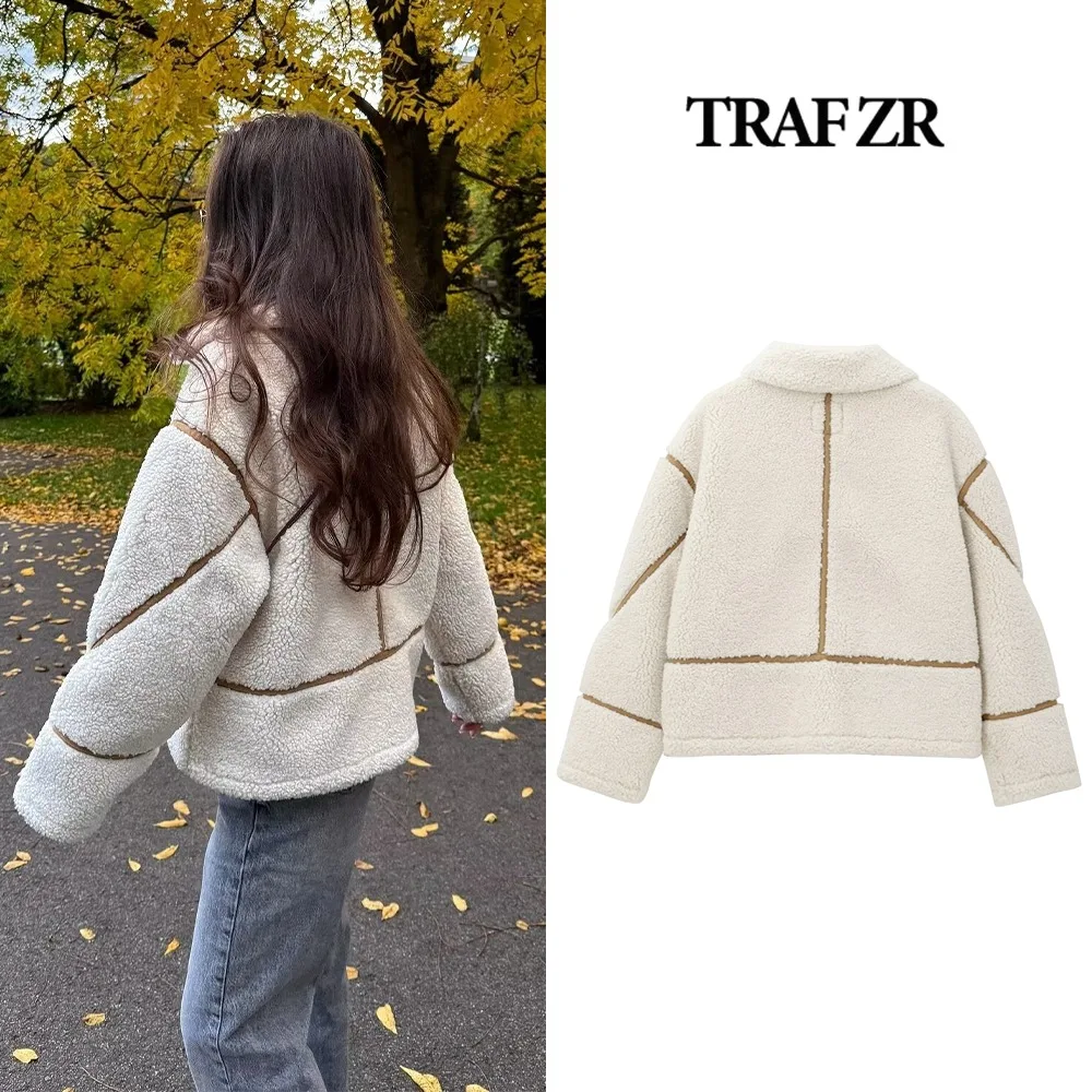 TRAF ZR Faux Shearling Jacket for women 2024 with Featuring trims Collared jacket with zipper and long sleeves Women\'s Cozy Coat