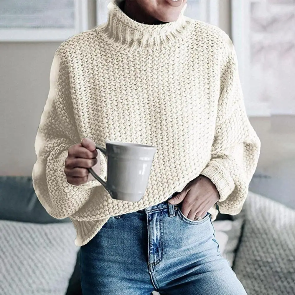 Women Autumn Winter Solid Color Sweater Turtleneck Long Sleeve Ribbed Trim Hemming Pullover Knitting Tops Streetwear