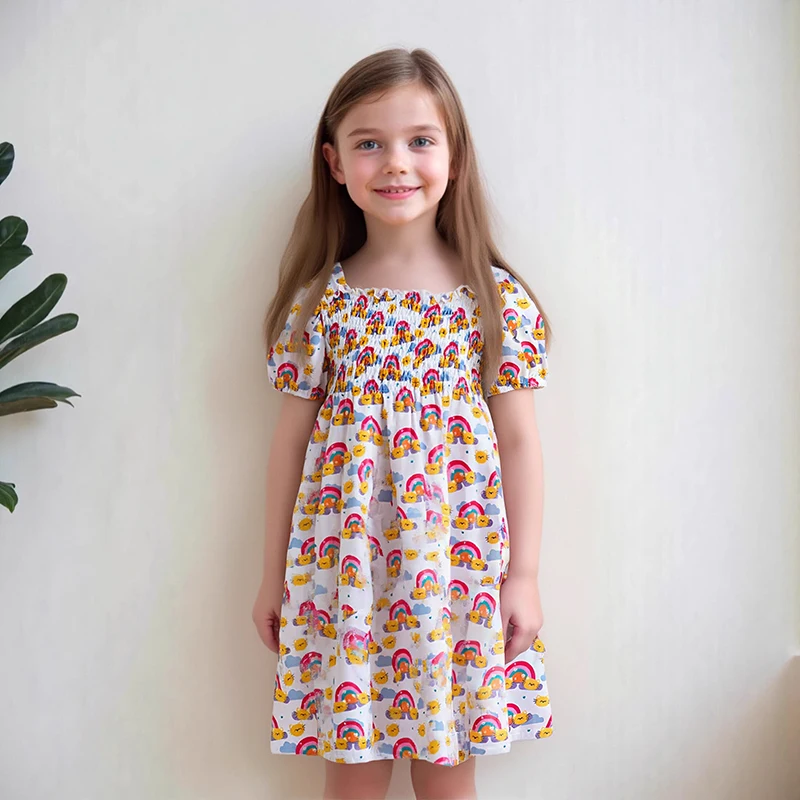 Little Maven Mädchen-Smokkleid, Cartoon-Regenbogen-Baby-Mädchen-Prinzessin-Kleider, Sommer 2026, günstige Mädchen-Kleider, kostenloser Versand