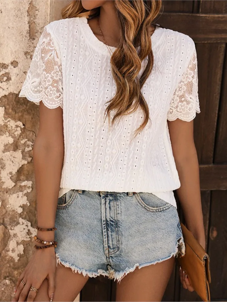 

Женская одежда, простой стиль, праздничные кружевные блузки, полая футболка с короткими рукавами, универсальная свободная простая стильная повседневная футболка с темпераментом