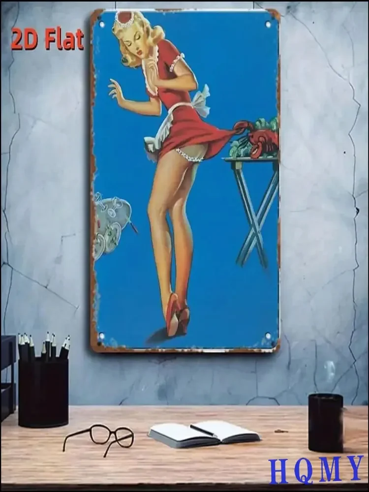 Vintage Metal Tin Sign, Retro Pin‑Up Waitress And Lobster Funny Scene Wall Decor For Kitchen Bar Garage Man‑Cave