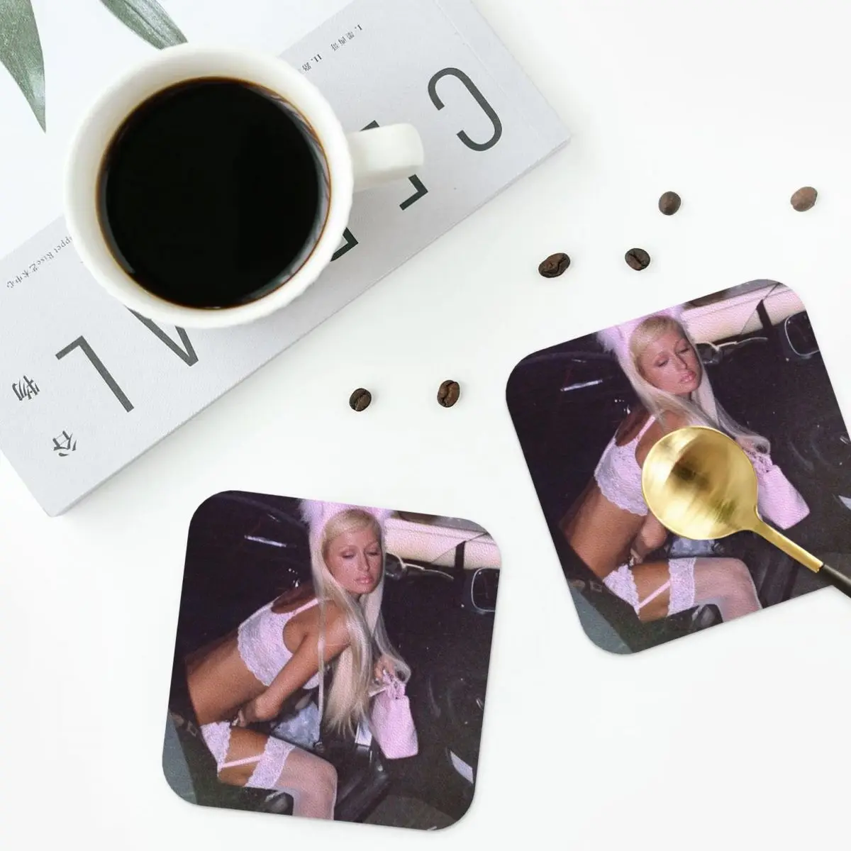 Bunny Paris Hilton Coasters Leather Placemats Non-slip Insulation Coffee Mats for Decor Home Kitchen Dining Pads Set of 4