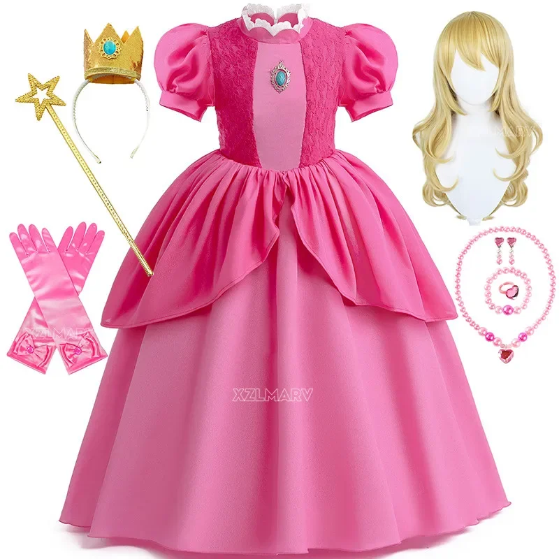 Peach Princess Cosplay Dress Girl Game Role Playing Costume Birthday Party Stage Performace Outfits Kids Carnival Fancy Clothes