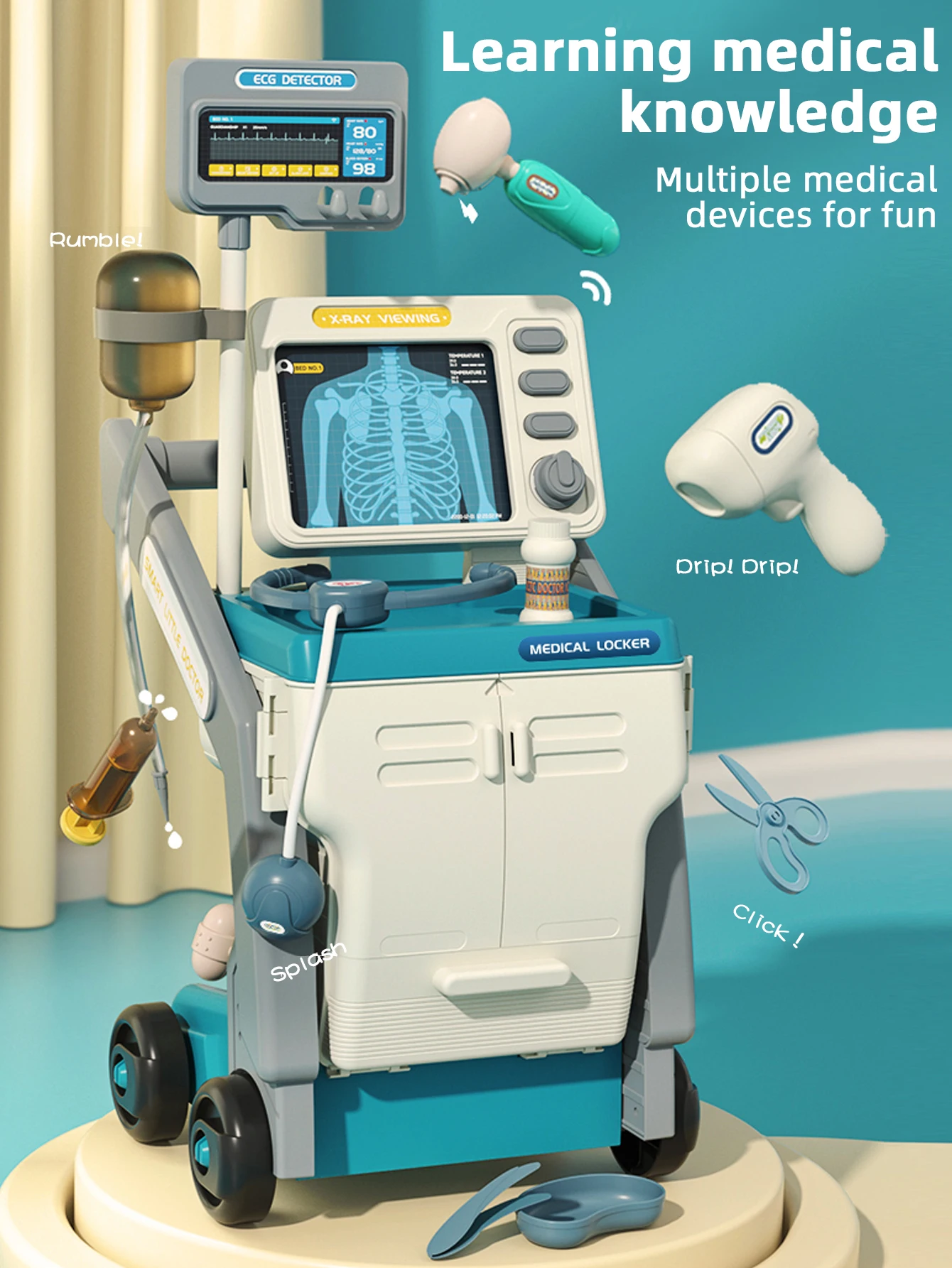 Kids Pretend Play Simulated Hospital Medical Trolley Toy, 16‑Piece Sound‑Effect Medical Tool Set. - view 3