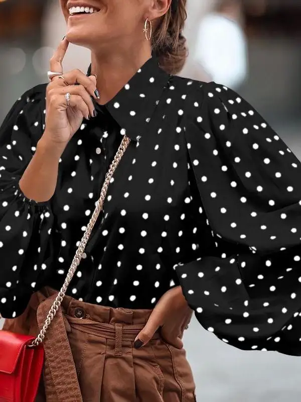 Polka Dot Lantern Sve Chiffon irt Women Loose Fit Street Sle Long Sve Button up round Ne Casual Top for Spring