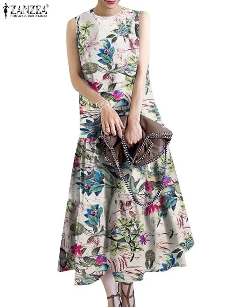 Bohemain Zomer Jurk Met Bloemenprint Vrouwen Vintage Mouwloze Vakantie Zomerjurk Zanzea Vrouwelijke Tanks Gewaad Casual Werk Vestidos