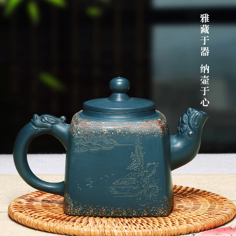 purple clay pot famous pure handmade raw ore green Sifang Longyin Kung Fu tea pot tea set of the Republic of China