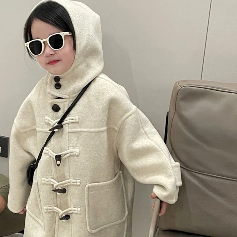 Girls Horn Buckle Coat Little Girl Autumn and Winter Temperament Casual Versatile Solid Color Medium and Long Hooded Woolen Coat