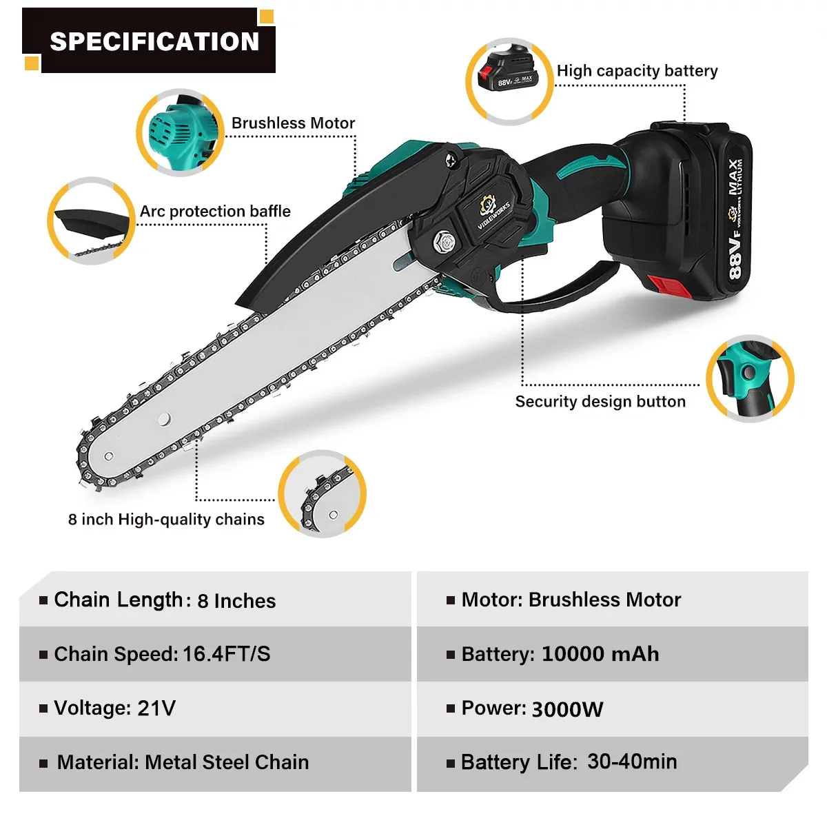 VIOLEWORKS 8 inch Brushless Chainsaw 3000W Electric Chain Saw Garden Branch Tree Pruning Power Tool For Makita 18V Battery