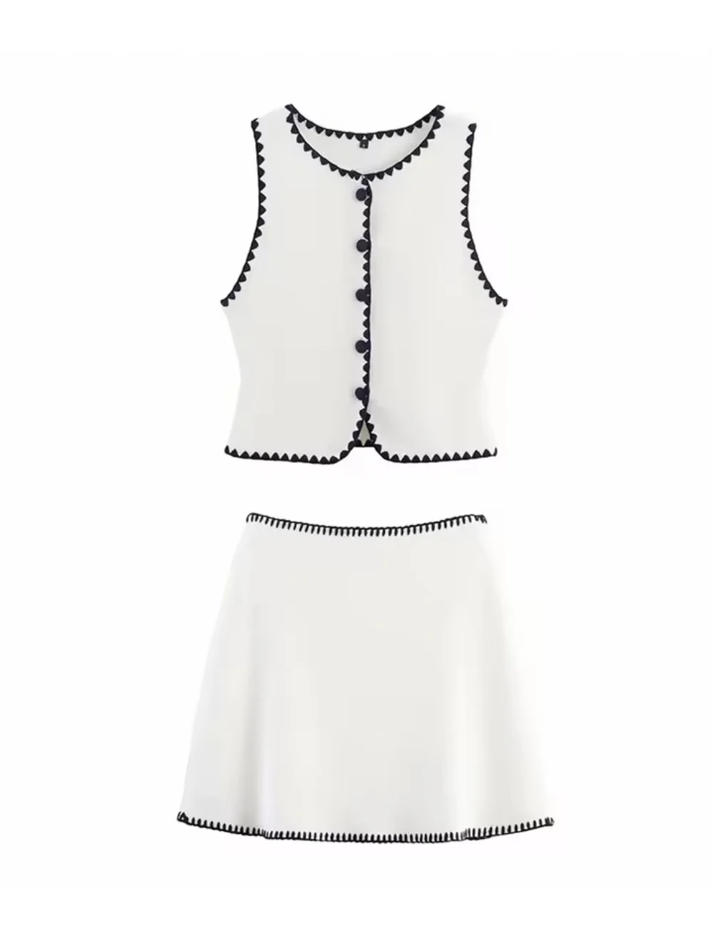 

European and American style summer new women's casual simple sleeveless contrast color embroidery knitted vest skirt suit