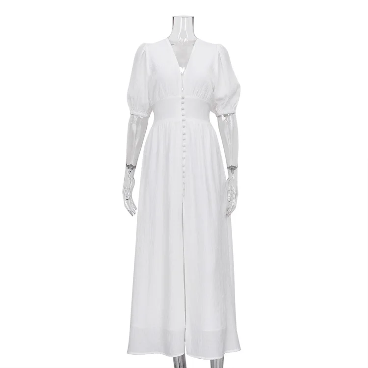 Women Solid Cotton Linen Dress Summer Vintage Elegant Short Sleeve V-Neck Button Maxi Dress for Women Harajuku Loose Long Dress