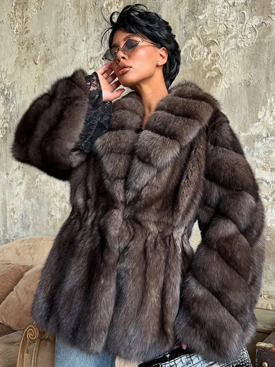 LIMO Women Faux Fox Fur Coat Lapel Cinched Waist Mid Length Winter Luxury Warm Furry Outerwear
