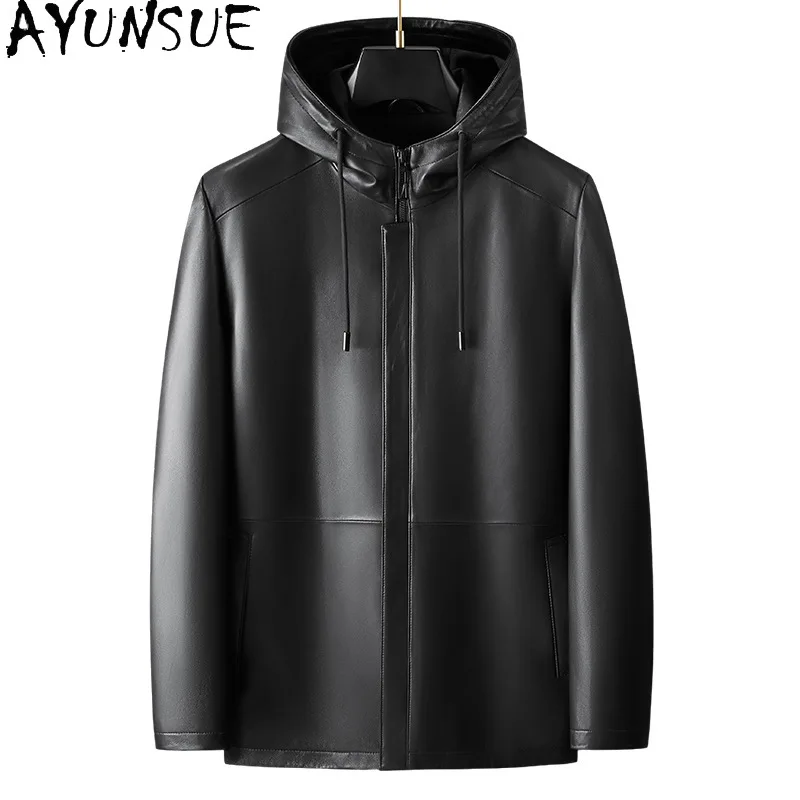 

AYUNSUE Genuine Leather Jackets for Man Autumn Winter Hooded Real Sheepskin Leather Jacket Men's Clothes Casual Leather Coat
