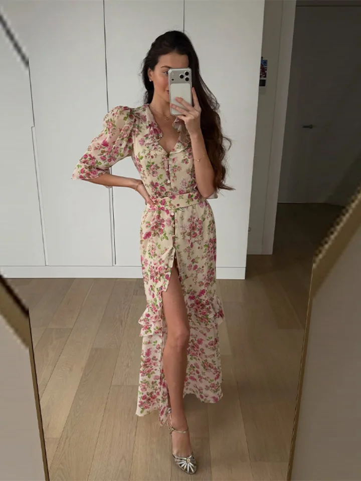 Vestido maxi de organza con estampado floral, escote en V y mangas abullonadas, primavera/verano 2026, romántico para fiesta, elegante para dama 4
