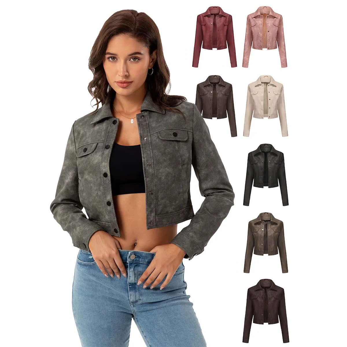 2024 Spring and Autumn New Thin Leather Jacket Women's Multi-Pocket Cardigan Casual Jacket Fashion Popular Daily Jacket Coat