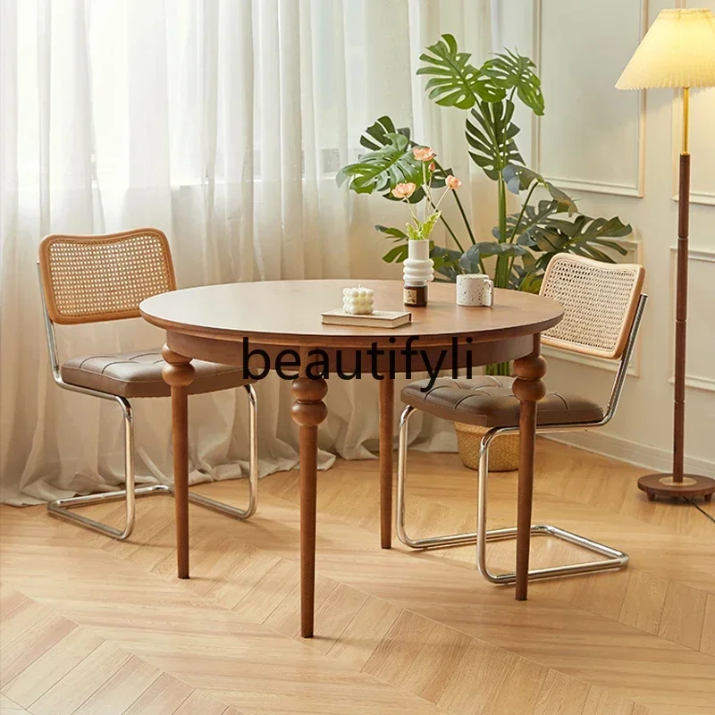 KK80  French Retro Dining Table Round Solid Wood Design Small Apartment Dining Set Customizable