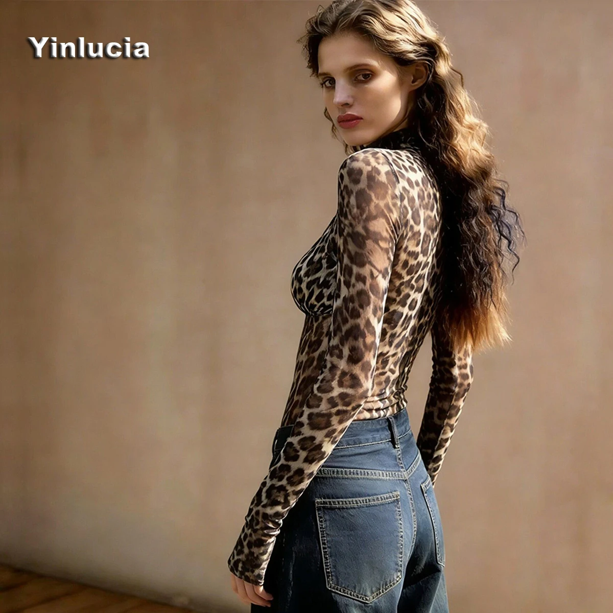Leopard Shirt Stretch Slim Tee Soft Tops Women Blouses Sexy  Sheer Cut Out Blouse Party Hot Babes Cinched Pullover Y2K Street
