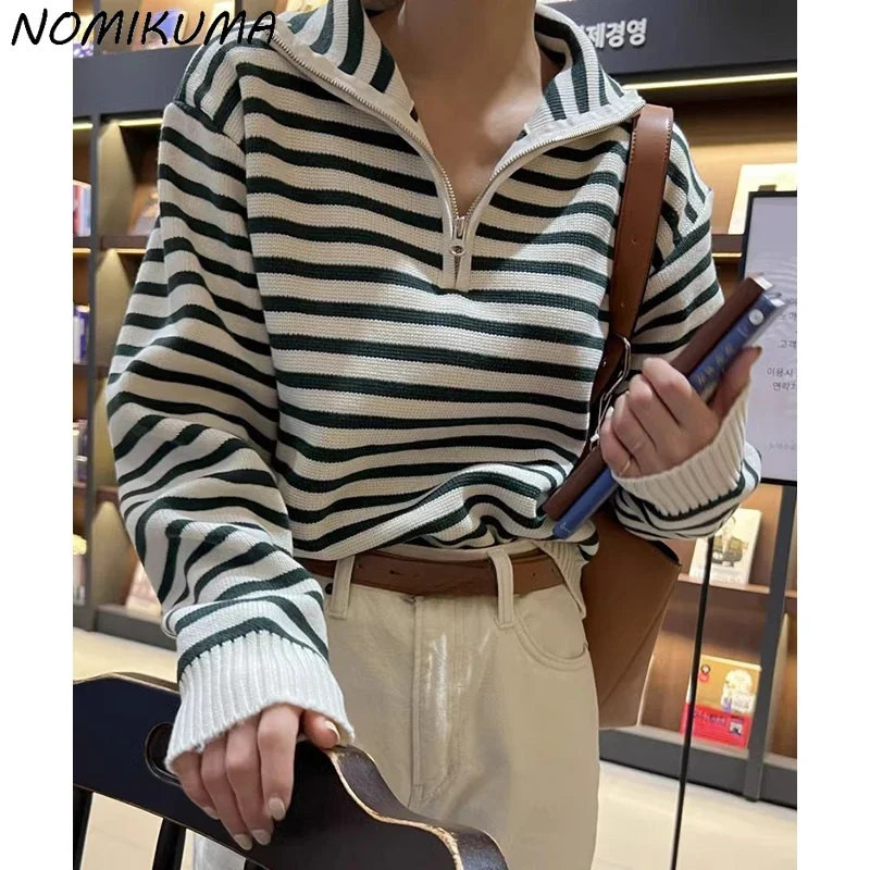 Nomikuma Korean Autumn Winter Retro Turn-down Collar Half Zipper Contrast Color Long Sleeved Striped Knitted Sweater for Women