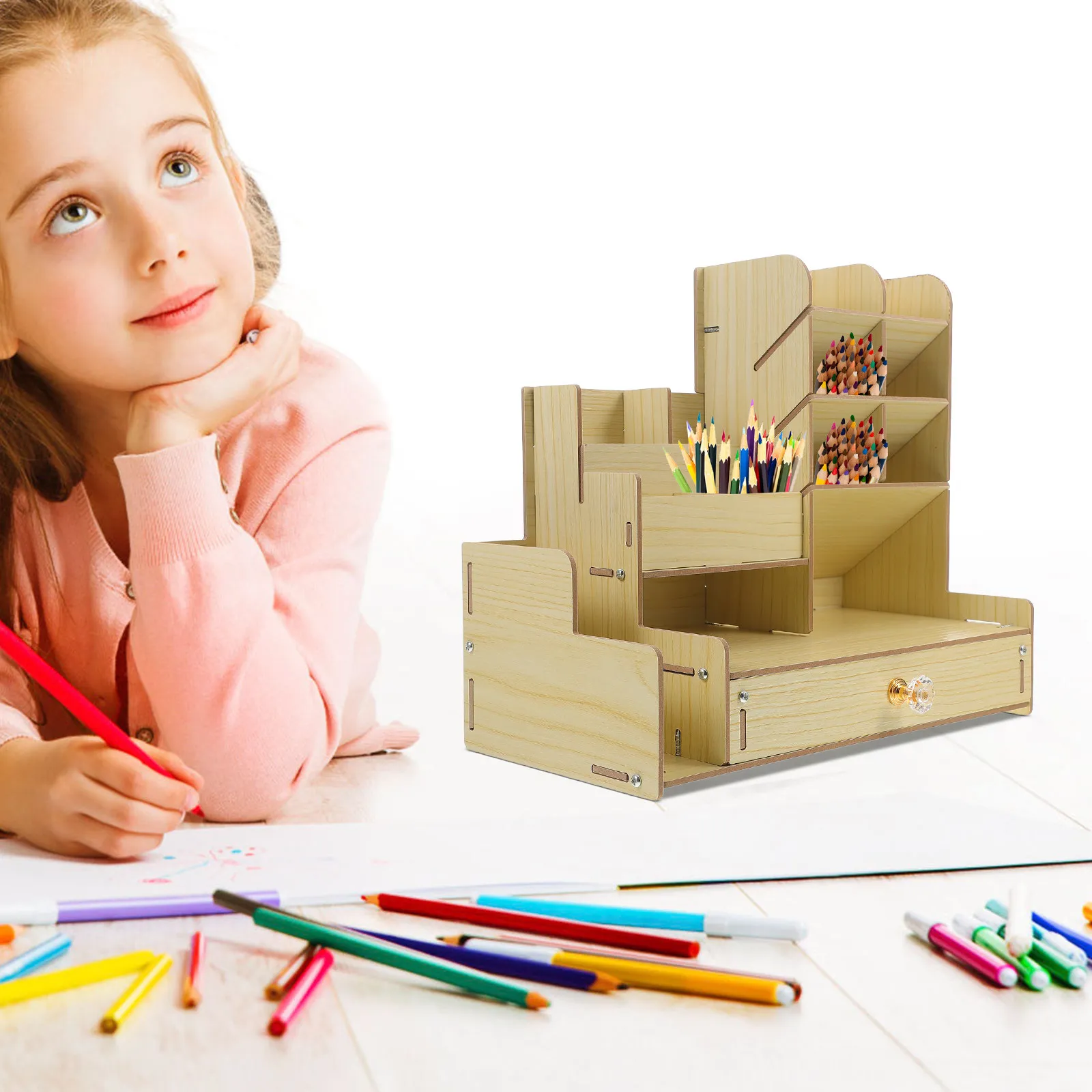 Desktop Wooden Organizer Multi-Compartment Pen Holder Storage Box Space-Saving Stationery Box for Office Study