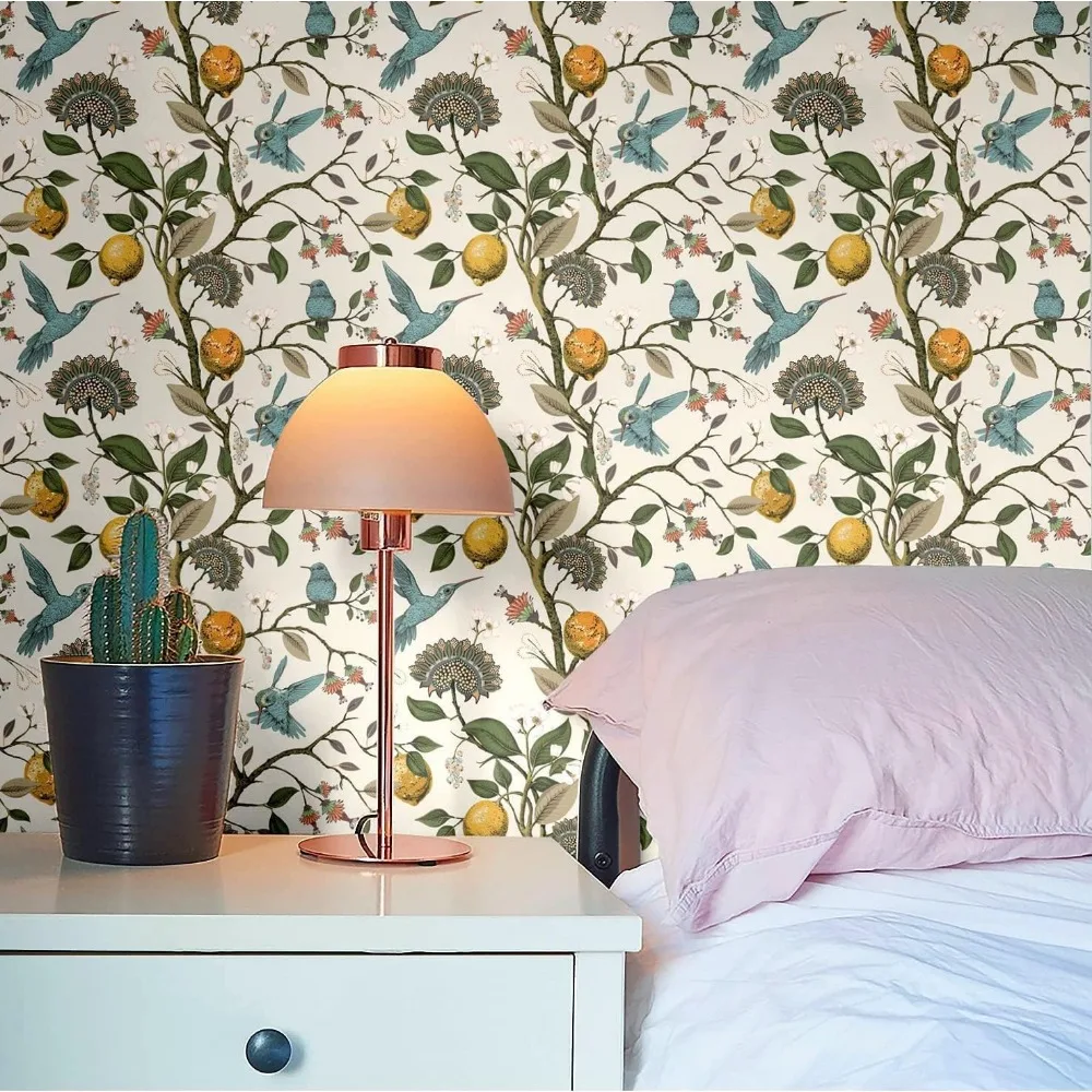 جدارية حائطية مزهرة على شكل طائر أزرق مع ورق حائط على شكل عصا قشر الليمون الطازج لديكور الحائط ذاتي اللصق، بطول 48.4 قدم مربع #2