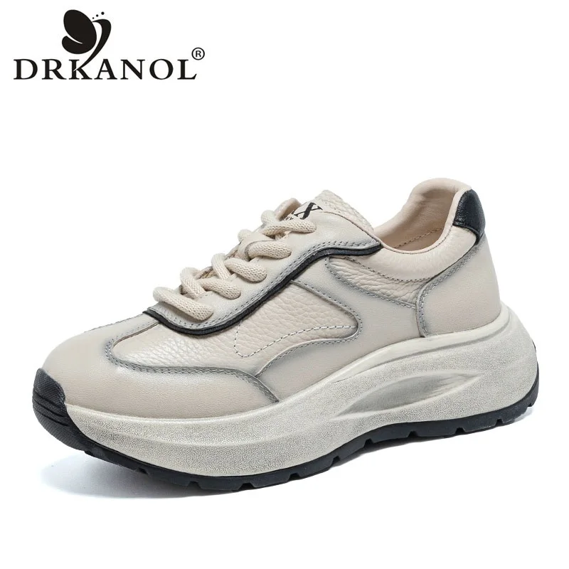 

DRKANOL Women Casual Sneakers Mixed Colors Genuine Cow Leather Chunky Platform Thick Sole Lace-Up Shoes Zapatillas Mujer H9626