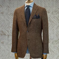 Herenpak Bruine Blazer Schoolfeest Smoking Visgraat Wol Tweed Single Breasted Formeel Zakelijk Jasje voor Bruiloft (Alleen Jas)