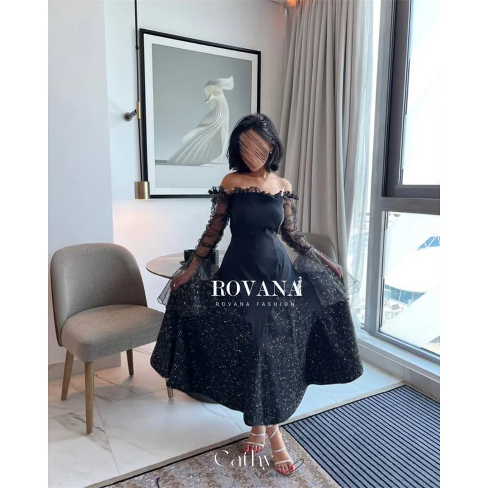 

Cathy Black Tulle Wedding Dresses Off the Shoulder A-line vestidos de noche Elegant Illusion Sleeves Ankle-length Formal Evening